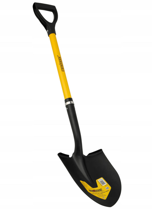 Spiss gravespade, 105 cm, svart blad i slitesterkt stål med gult ergonomisk håndtak. Perfekt for hagearbeid, graving i hard jord og anleggsarbeid. Solid konstruksjon for langvarig bruk.