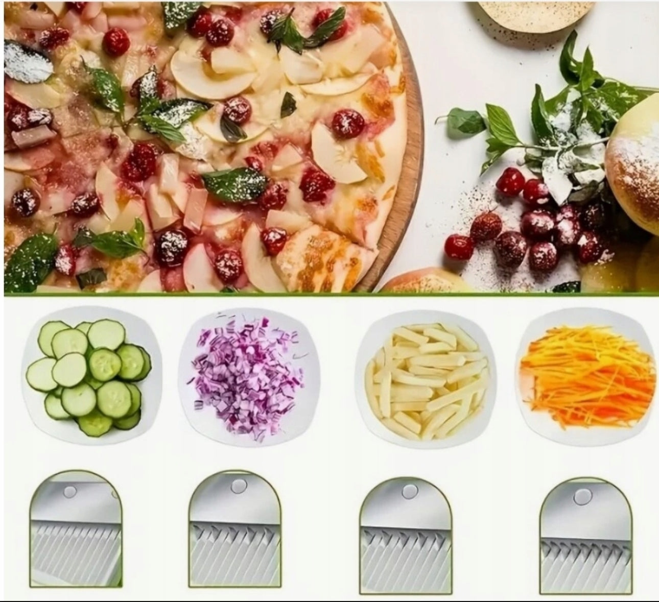 Pizza toppet med ost, frukt og friske urter omgitt av ferske ingredienser på kjøkkenbenk