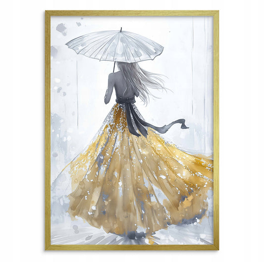 Kunstplakat med kvinne i gullkjole og paraply, elegant gullramme på hvit vegg