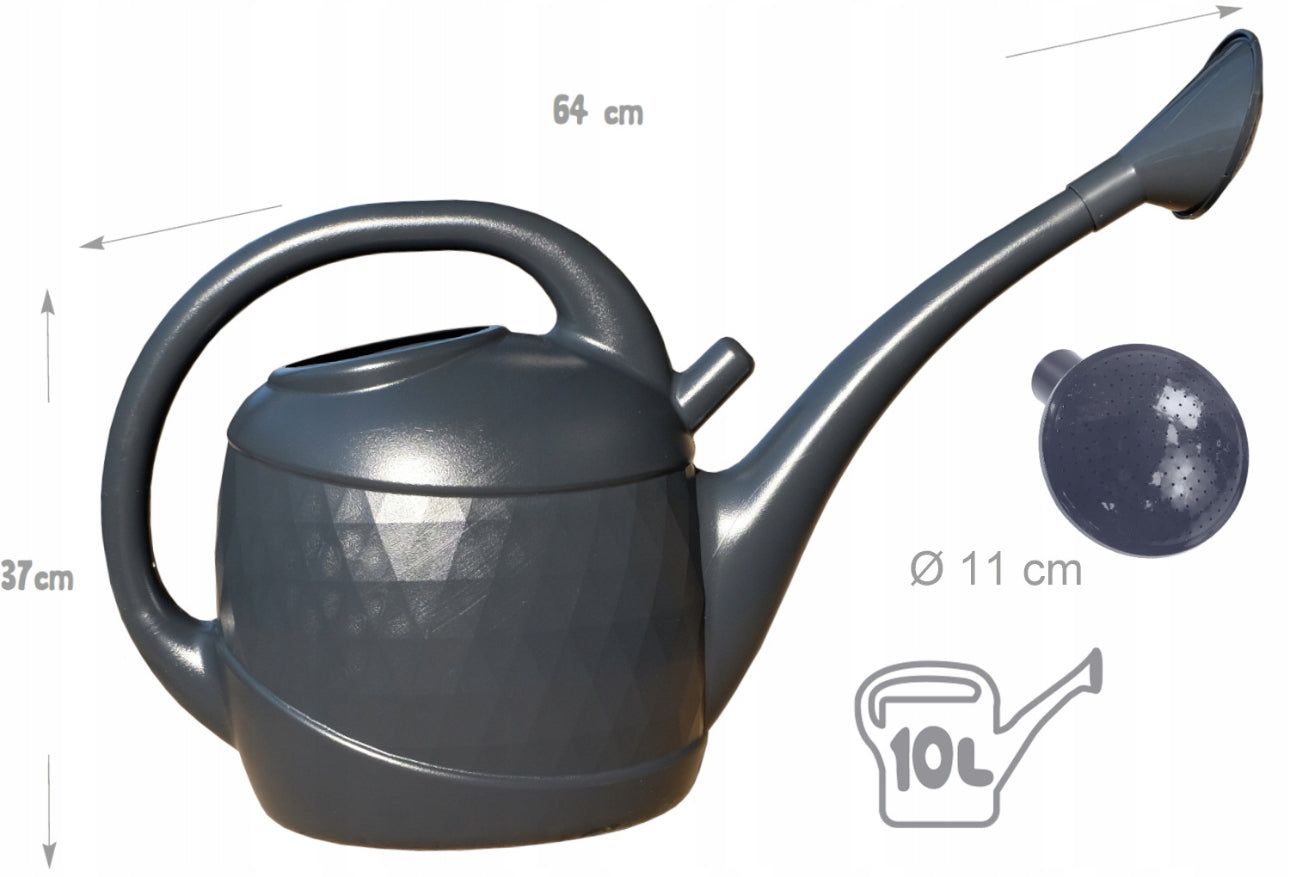 Grå vannkanne på 10 liter i slitesterk plast med Diamond 3D-mønster, perfekt for vanning av hage og planter.