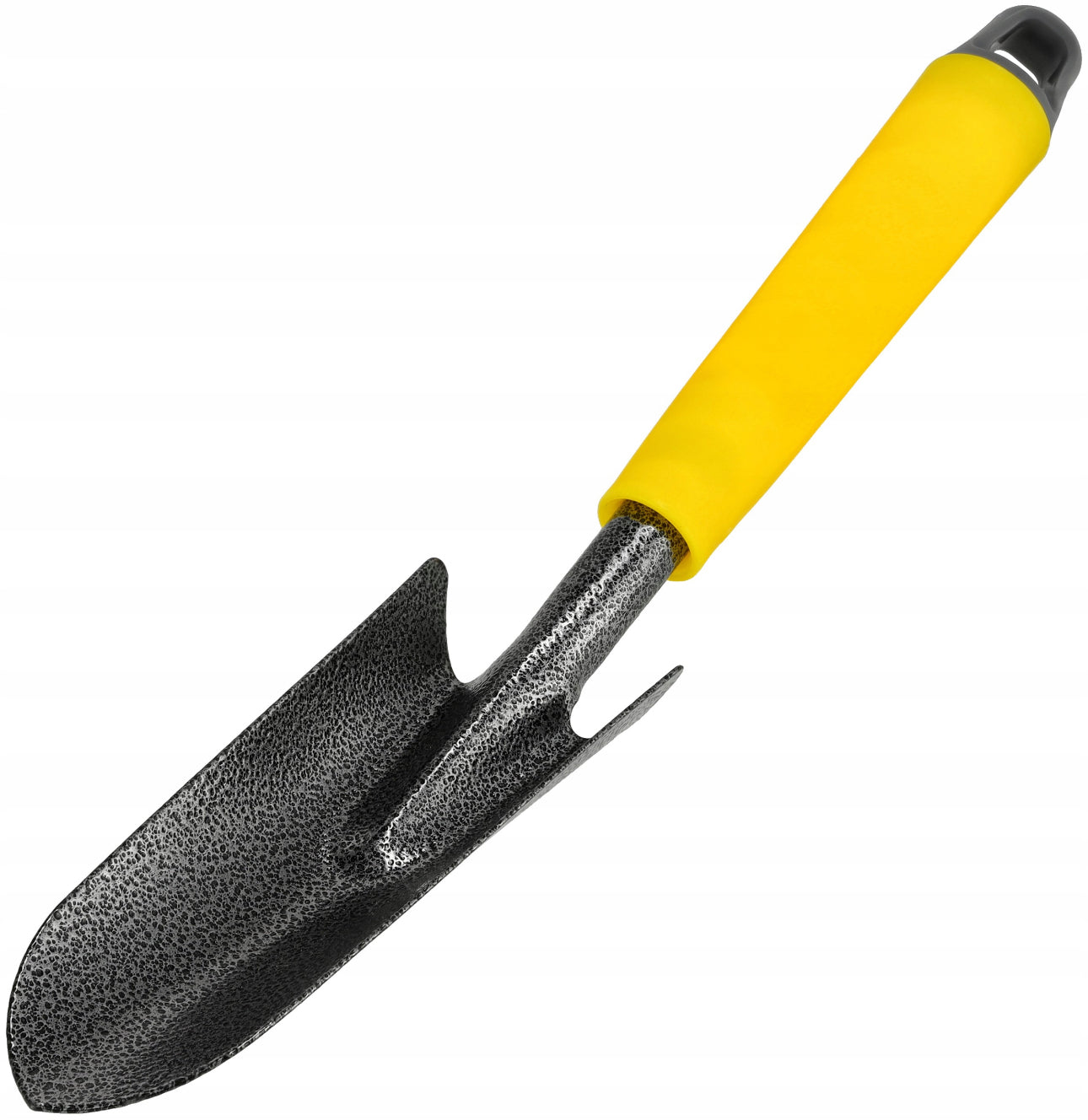 Smal hagespade i slitesterkt stål, 33 cm lang og 5,3 cm bred, med ergonomisk gult håndtak – perfekt til planting og hagearbeid.