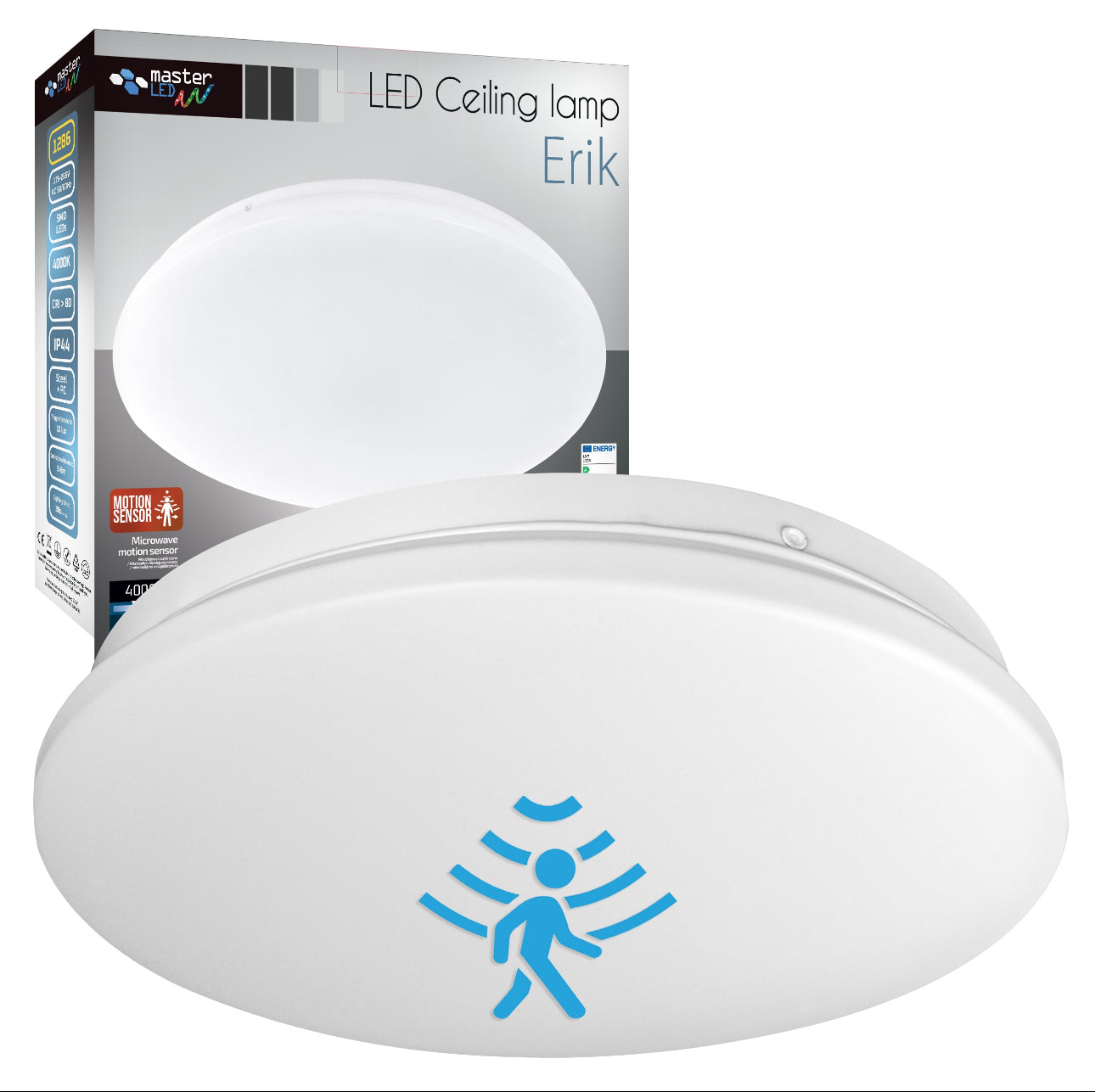 Rund LED taklampe med bevegelsessensor i hvit finish foran original emballasje