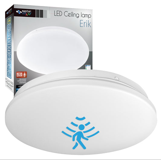 Rund LED taklampe med bevegelsessensor i hvit finish foran original emballasje