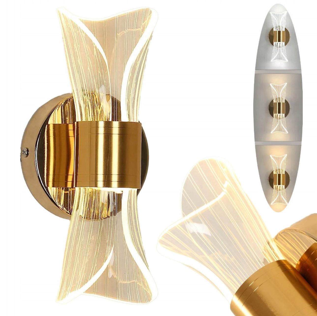 Moderne vegglampe i gull og akryl, 22 cm høy med 7,5 cm bredde, LED-lys med 12W effekt, justerbar fargetemperatur (3500K–6500K), stilrent design i metall og akryl for soverom og stue.