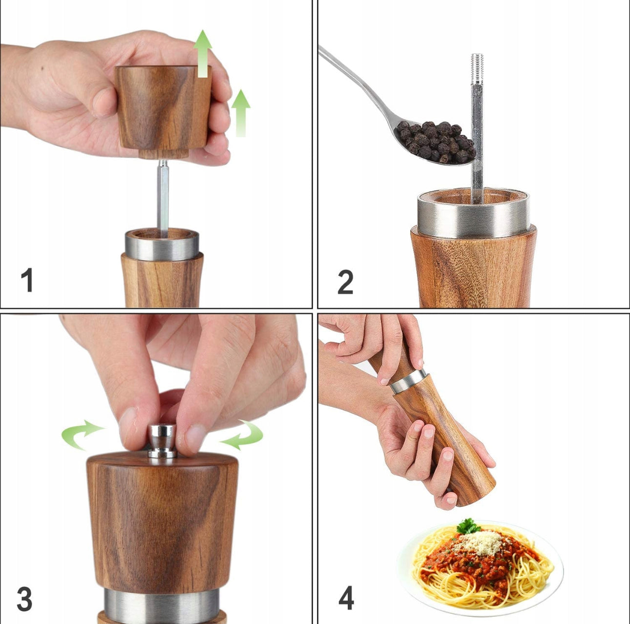 Trinnvis bruk av manuell trekvern med keramisk mekanisme og pepperkorn.