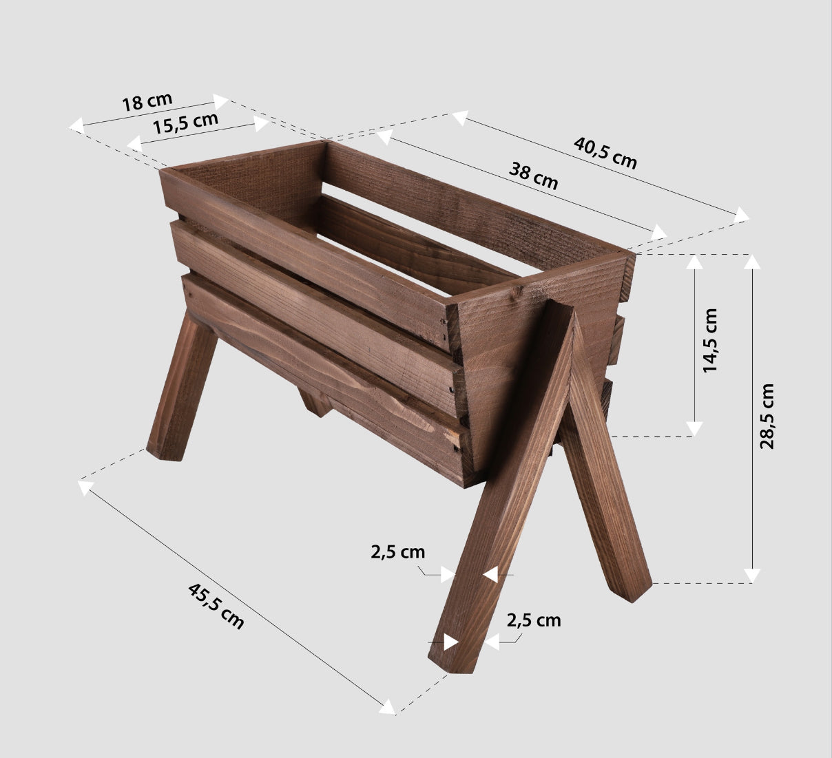 Rustikk treplantekasse med ben, perfekt for blomster og urter. Mål: 40,5 x 45,5 x 28,5 cm. Laget av solid, værbestandig tre i brun farge. Ideell for hage, terrasse og balkong.