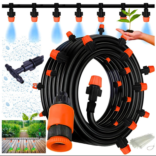 Automatisk vanningssystem 15 meter – svart og oransje slange med 15 justerbare dyser i slitesterk plast. Perfekt for hage, terrasse og drivhus.