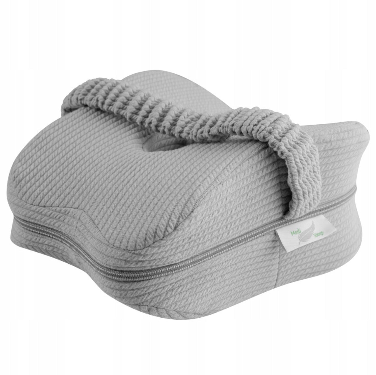 Grå ortopedisk knestøttepute i memory foam, størrelse 24x24x12 cm, med justerbar stropp og pustende trekk i slitesterkt polyester og elastan.