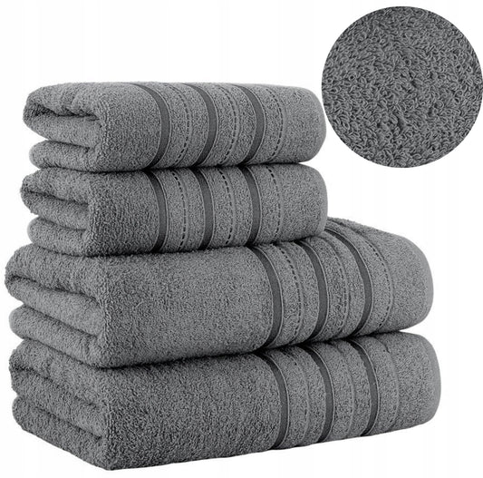 Sett med luksuriøse bomullshåndklær i grå, beige og kremfarger – perfekt for badet. Myke og slitesterke håndklær i 100 % bomull med høy absorberingsevne og elegant design. Tilgjengelig i ulike størrelser for optimal komfort og funksjonalitet. Settet inkluderer 2stk 50x90cm og 2stk 70x140cm.