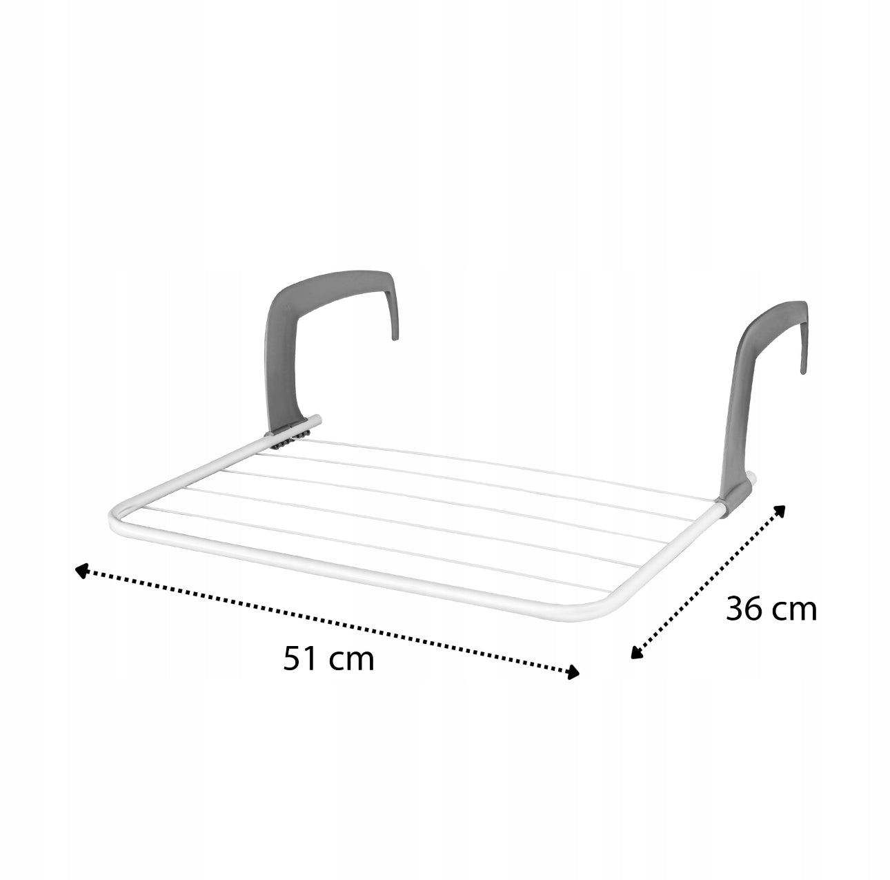 Hengende tørkestativ i hvit pulverlakkert stål med grå plastkroker, størrelse 51 x 36 cm, plassbesparende løsning for tørking av klær, håndklær og undertøy.