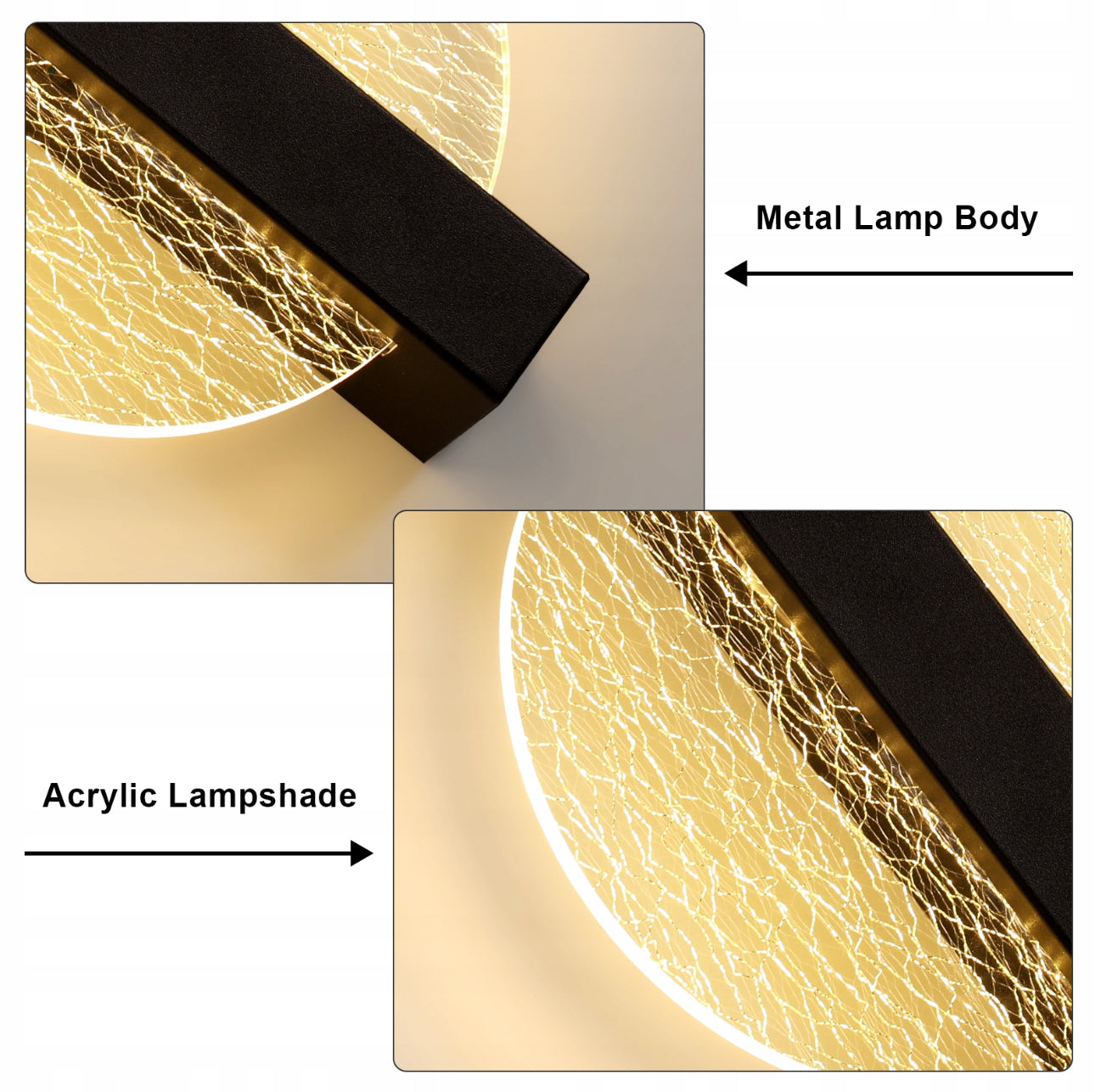 Moderne LED-vegglampe, 12W, svart metall og akrylmateriale, dimensjoner 25x20x4,5 cm, varm hvit belysning (3000K), stilren design for stue og soverom.