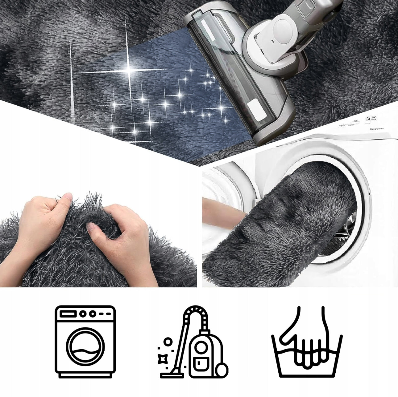 Grått 3-delt baderomsteppe med antiskli-funksjon – inkluderer teppe til badekar, toalettbase og toalettlokk. Laget av mykt og fluffy materiale for ekstra komfort og stil, perfekt for moderne baderomsdekor.