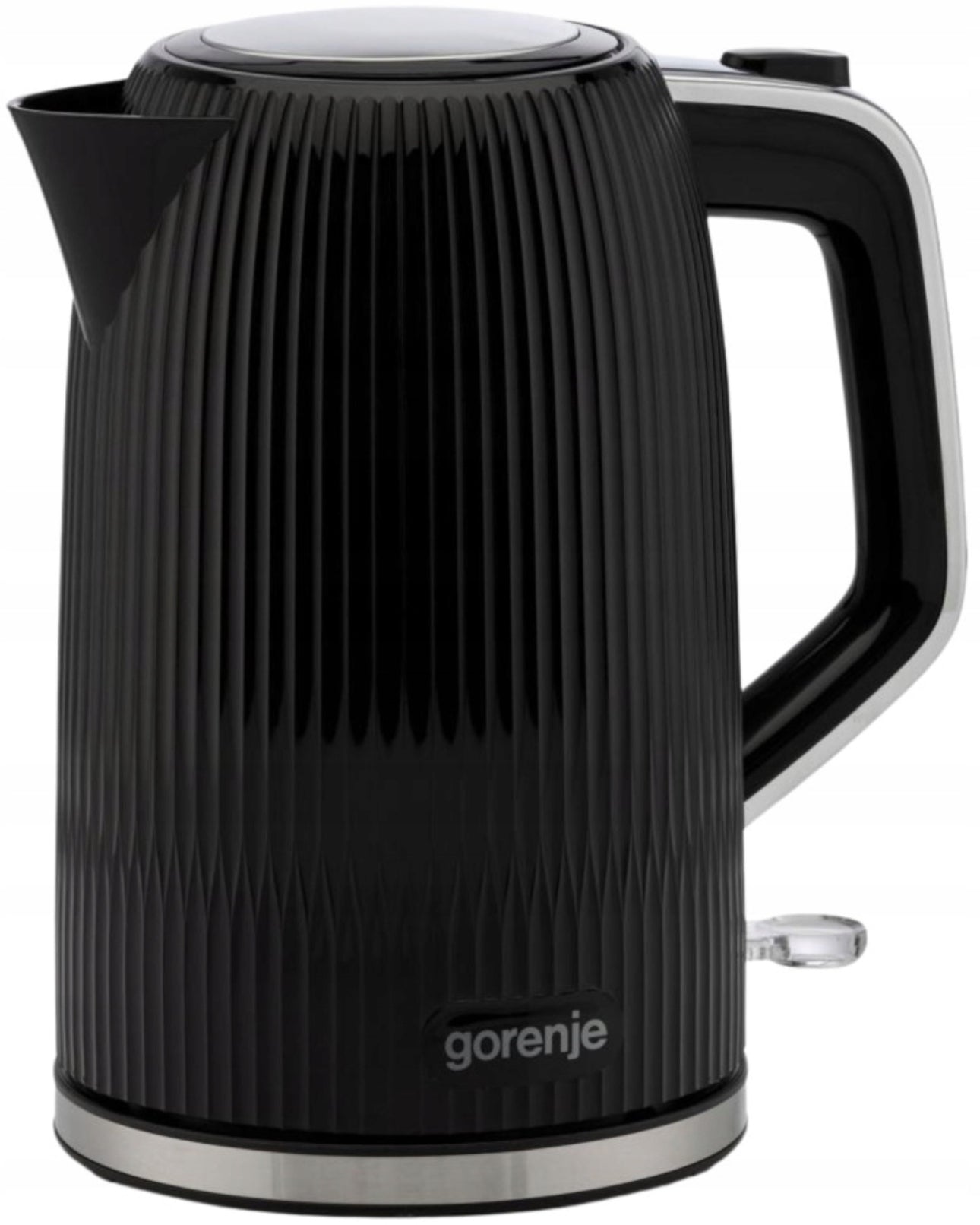 Gorenje elektrisk vannkoker, 1,7 liter kapasitet, svart design med rustfritt stål-element, 2200W effekt og roterbar base for enkel bruk.