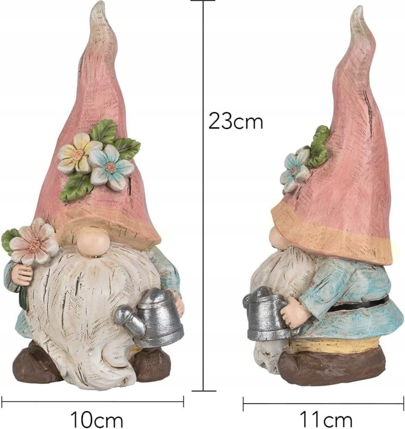 Sett med 2 dekorative hagefigurer, ca. 23 cm høye, laget av værbestandig polyresin. Søte nisser i pastellfarger – blå, rosa og beige – med blomsterdetaljer, fuglehus og vannkanne. Perfekt som hagedekor, vårpynt eller påskedekorasjon.