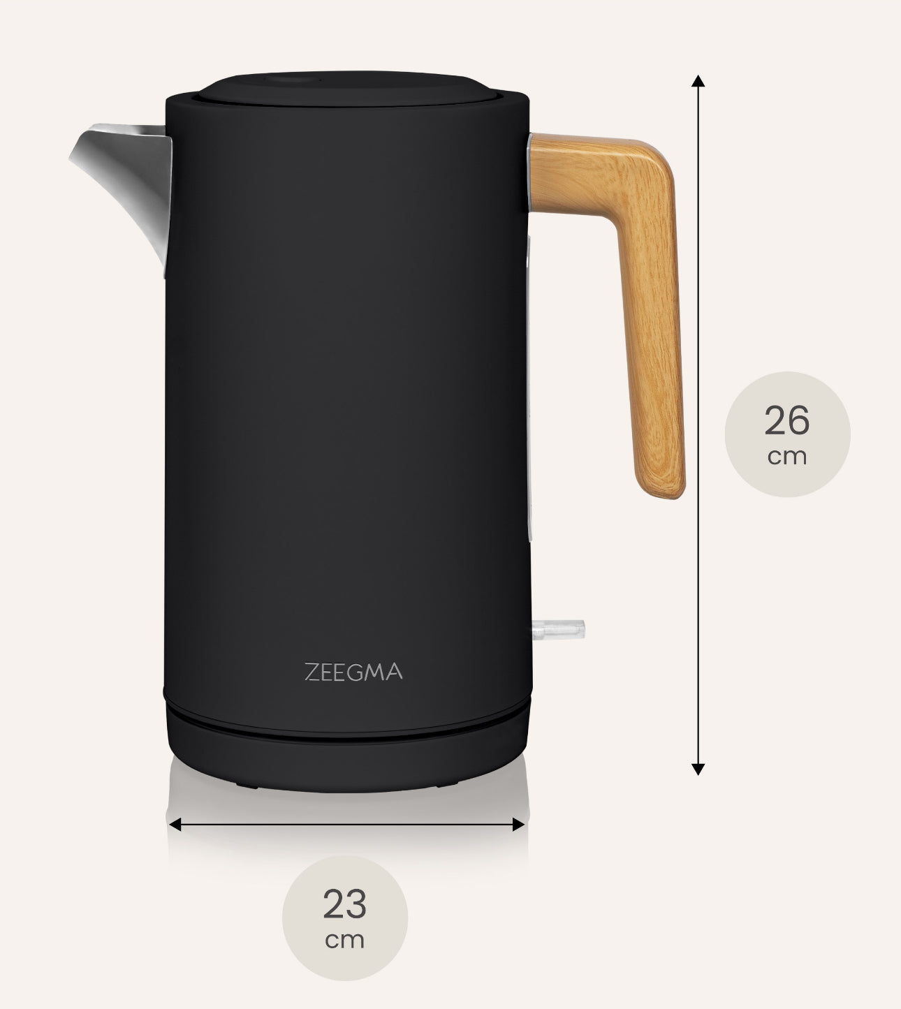 Elektrisk vannkoker 1,7L i mattsvart design med trehåndtak, laget av BPA-fri plast og rustfritt stål, 2200W for rask oppvarming – moderne og stilren.