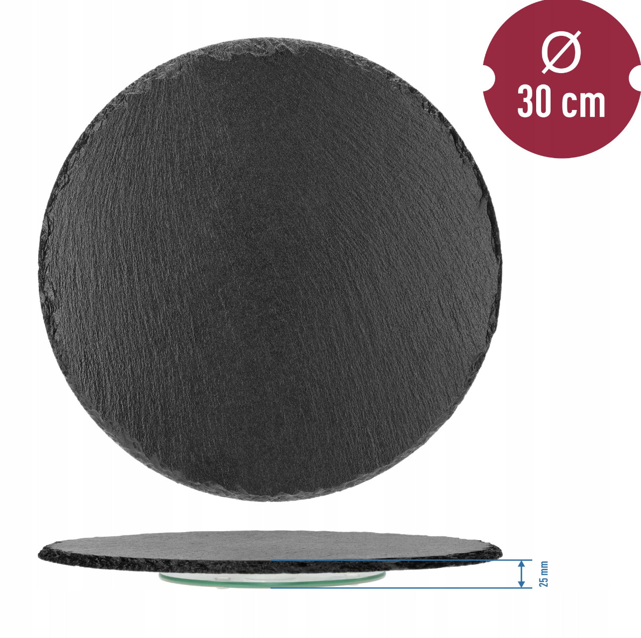 Rundt skiferfat med 30 cm diameter og roterende glassbase