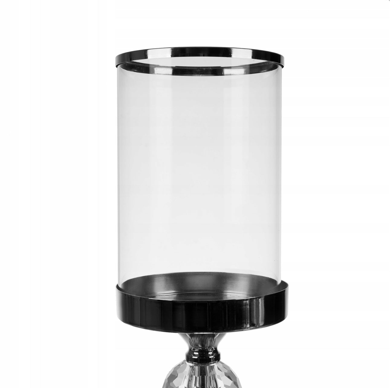Sett med 3 lysestaker i sølvfinish med krystallkuler, laget av glass og metall, høyder på 28 cm, 34,3 cm og 40,9 cm, moderne design for elegant hjemmedekor.