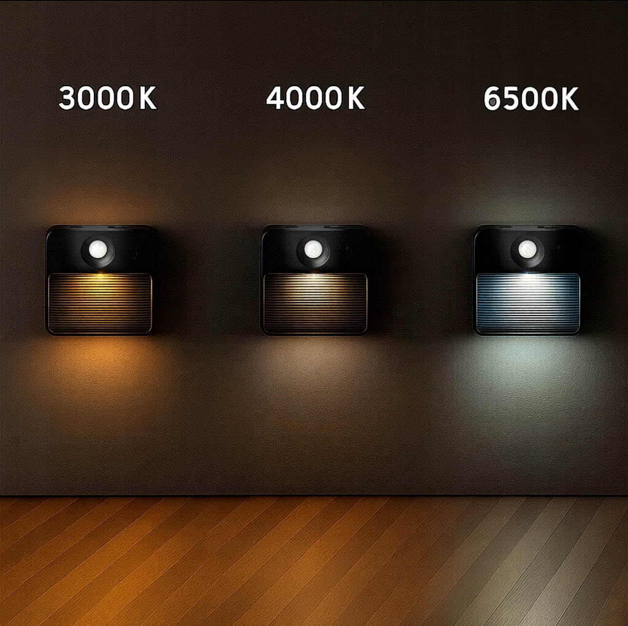 Tre LED nattlamper som viser lysfarger 3000K, 4000K og 6500K