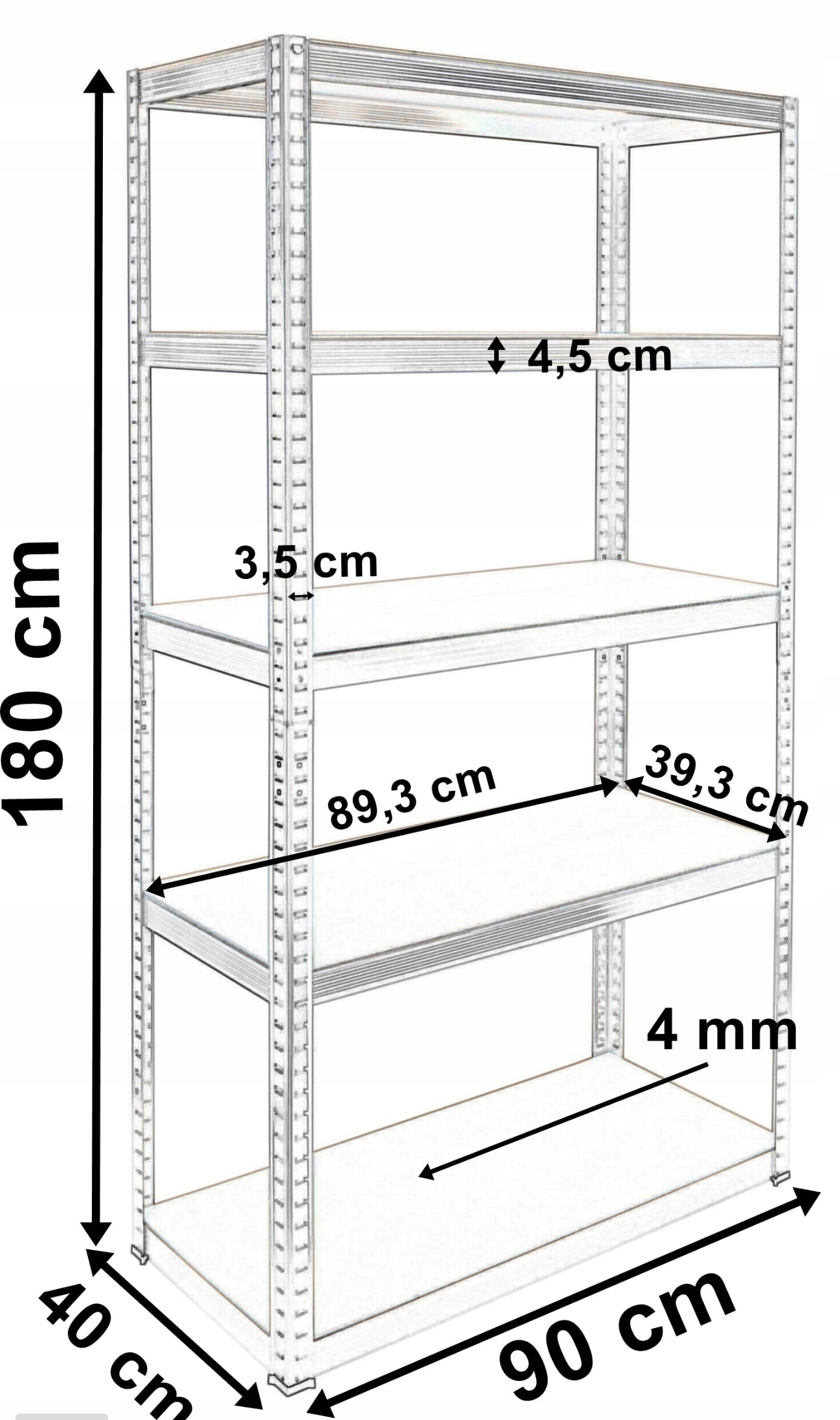 Metallreol med mål 180 cm høyde, 90 cm bredde og 40 cm dybde, fem trehyller