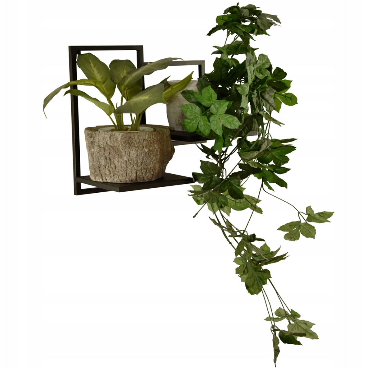 Vegghengt blomsterhylle i sort pulverlakkert metall, størrelse 36x35 cm med to hyller à 18x18 cm – perfekt til innendørs planter i moderne og industriell loftstil.