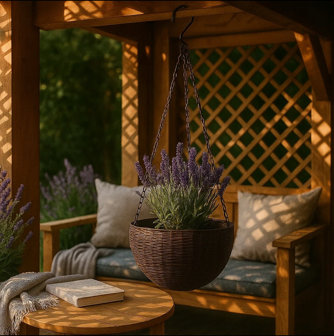 Hengende blomsterpotte i brun rattanimitasjon med lavendelplanter