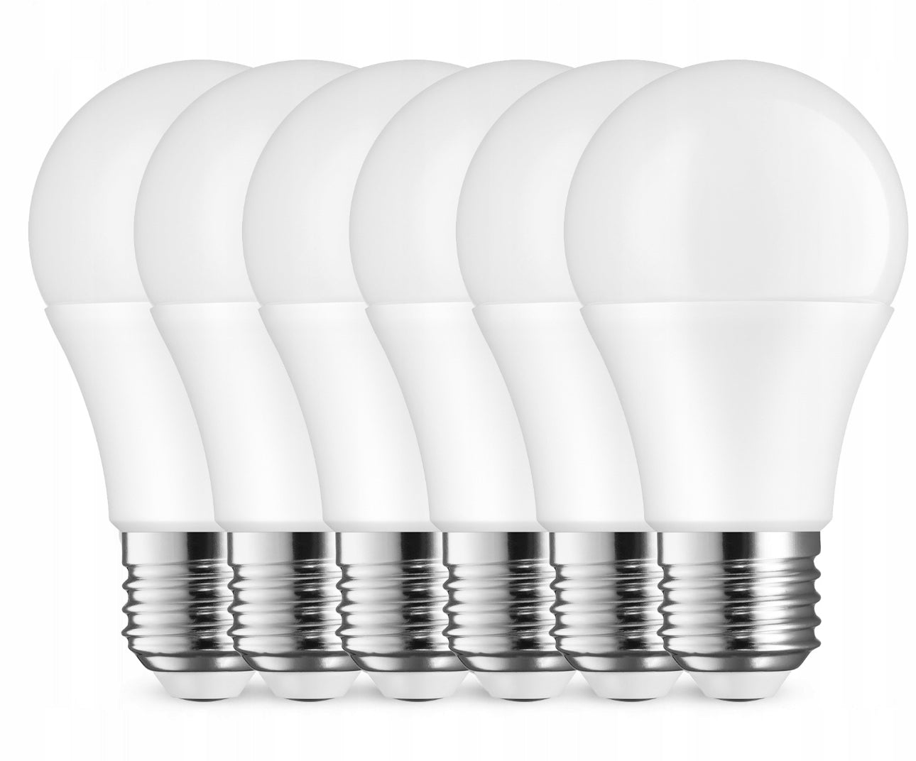 Seks hvite LED lyspærer med E27 sokkel og sølvfarget fot i rekke
