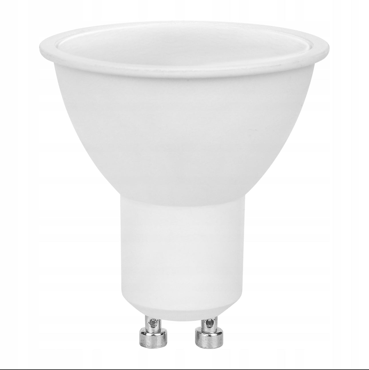 GU10 LED-lyspære sett rett forfra med synlig base og stifter