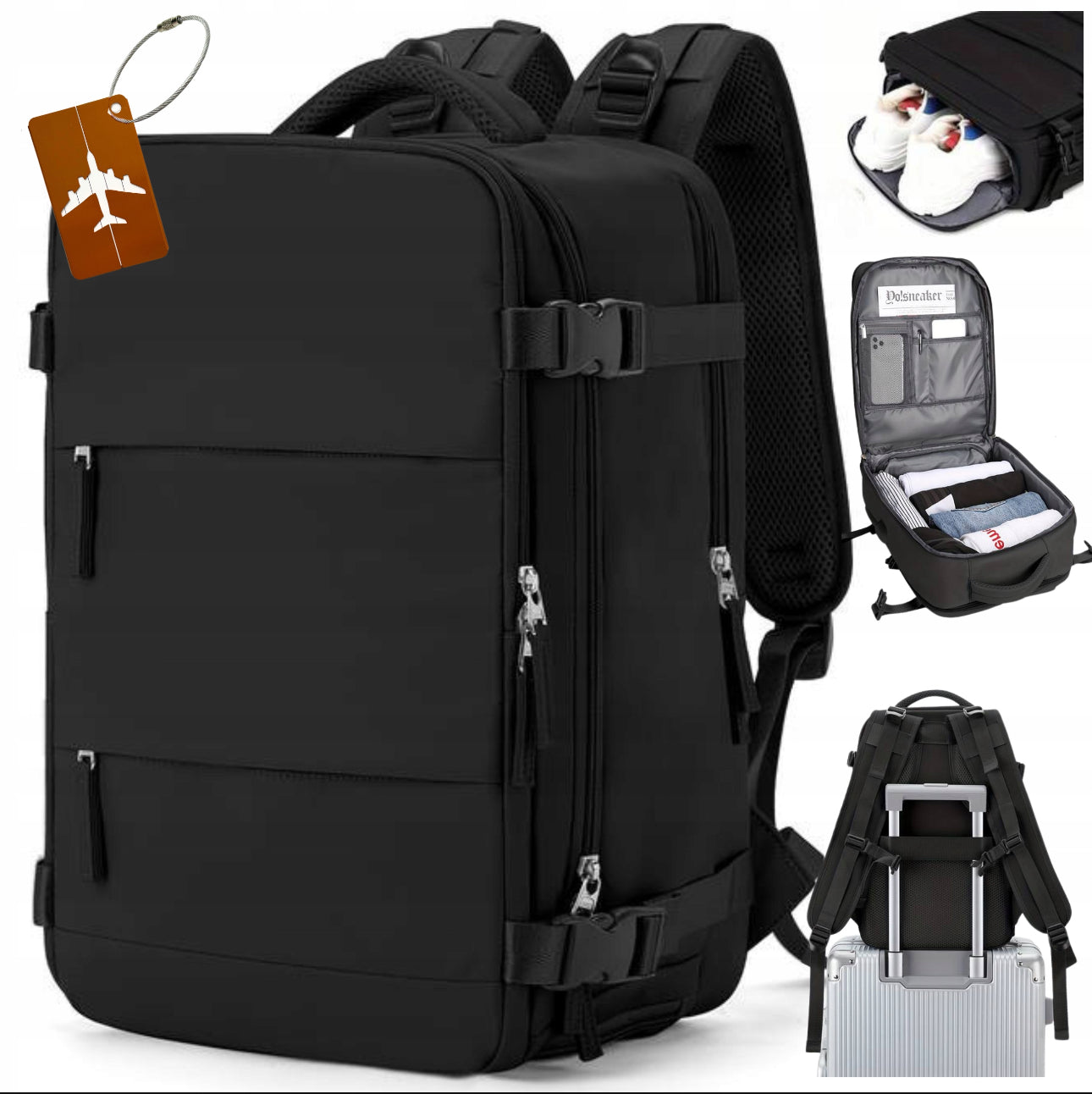 Svart kabinklar reisesekk 40x25x20 cm med flere lommer og USB-port, plassert på hvit bakgrunn