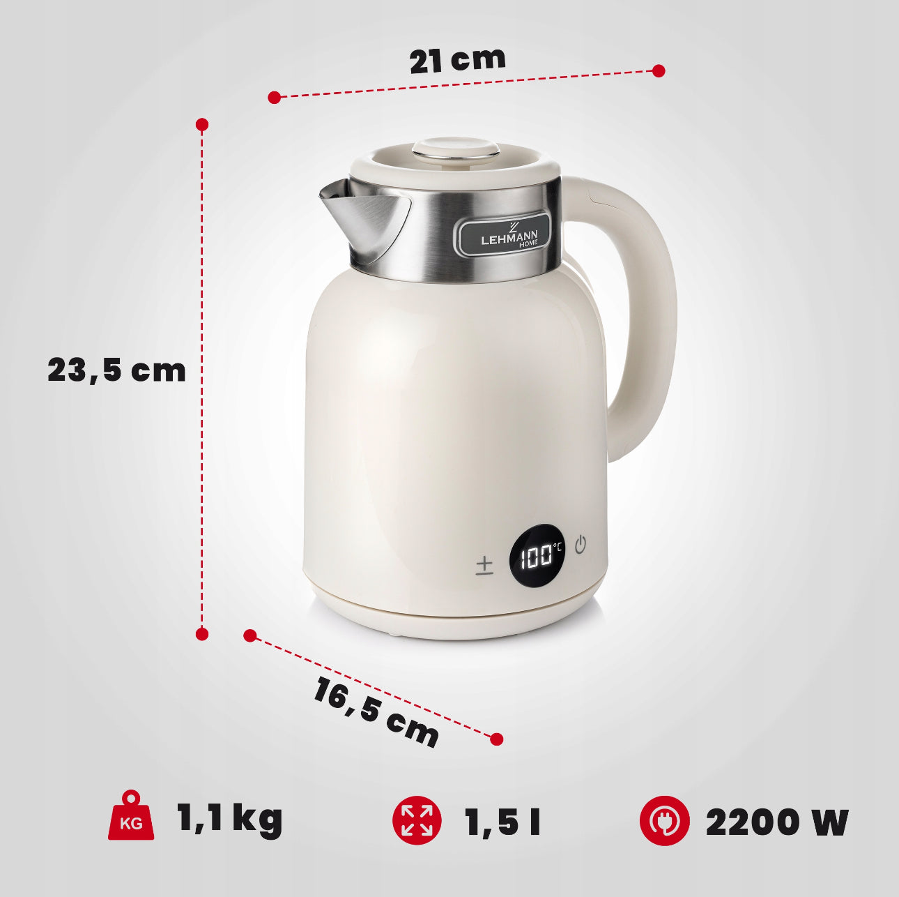 Produktbilde av vannkoker med mål og spesifikasjoner: 1,5 liter, 2200W, 1,1 kg