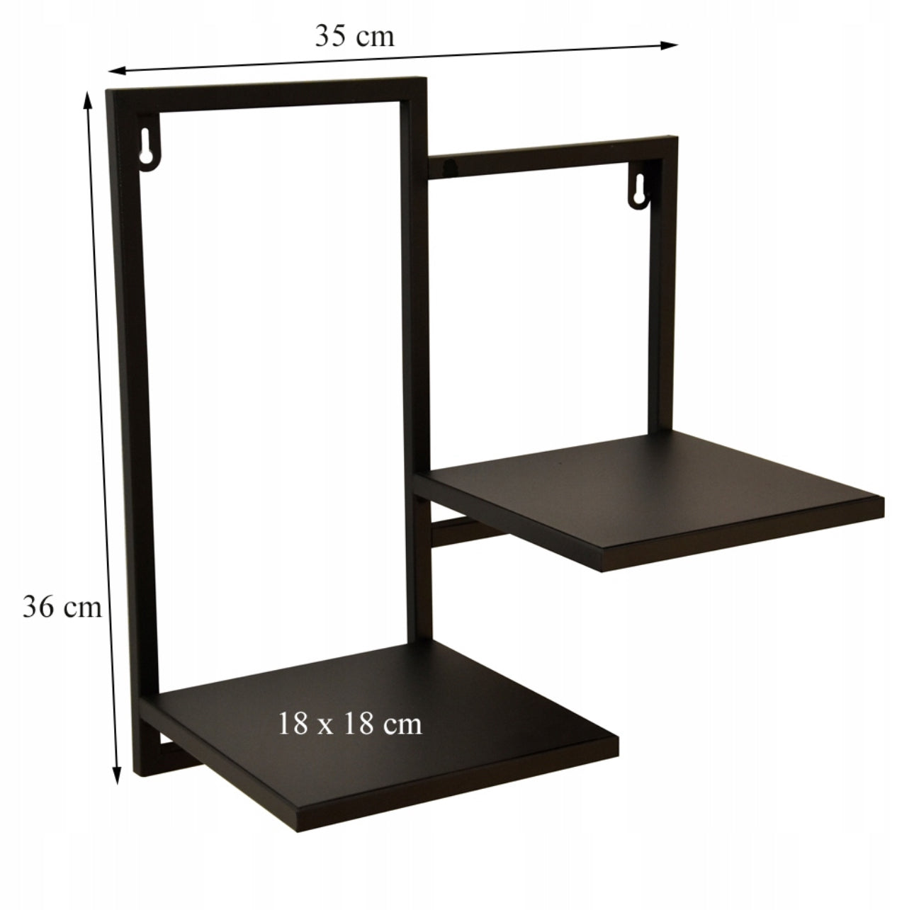 Vegghengt blomsterhylle i sort pulverlakkert metall, størrelse 36x35 cm med to hyller à 18x18 cm – perfekt til innendørs planter i moderne og industriell loftstil.
