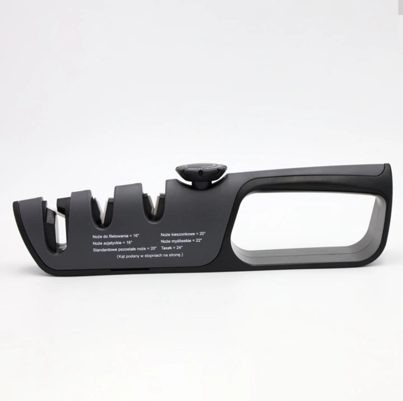 Justerbar knivsliper i ergonomisk design, svart farge, med wolframstål og keramiske slipehjul. Passer til kniver i størrelser fra filétkniver til kjøkkenkniver. Perfekt for presis og sikker sliping.