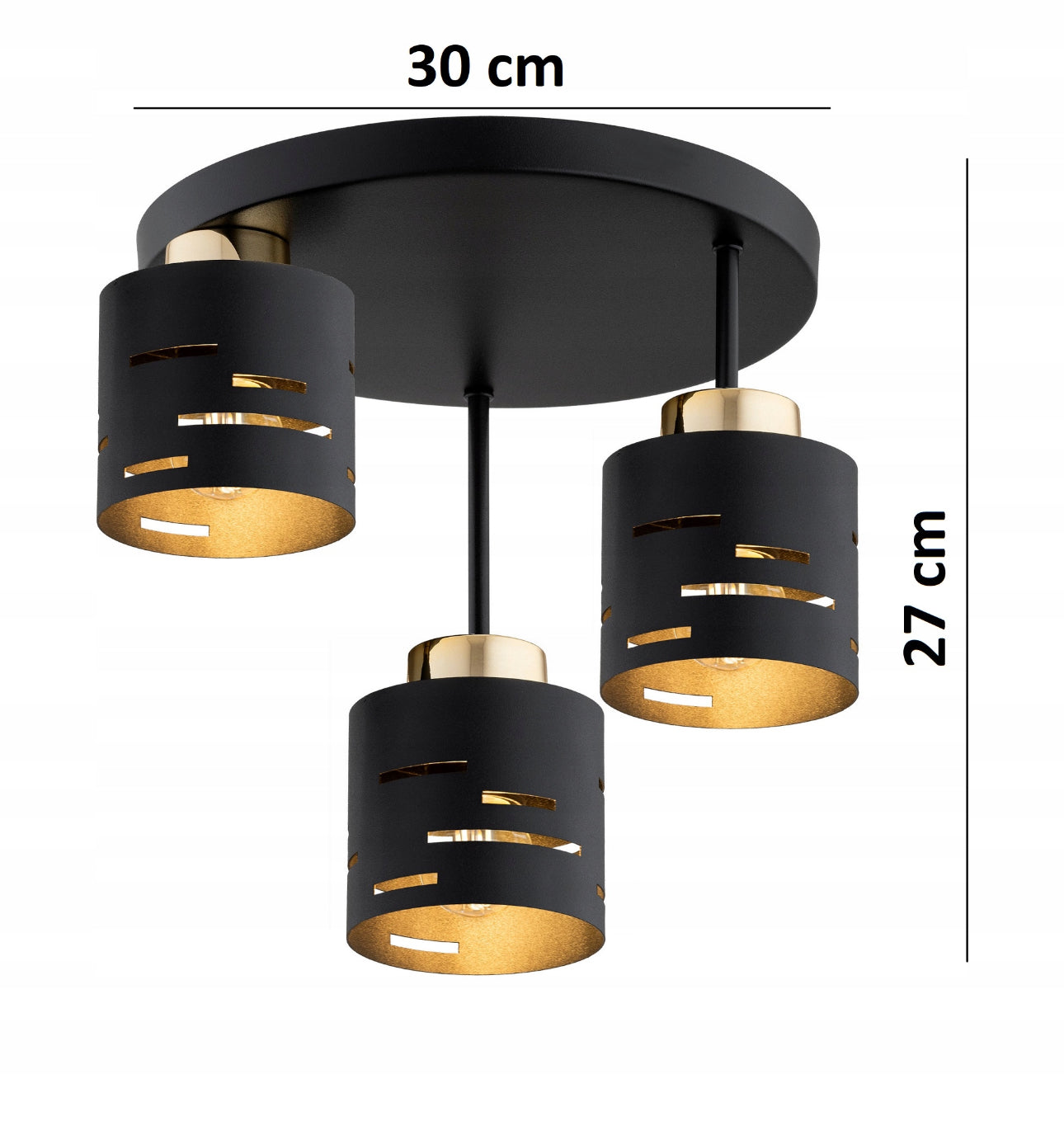 Rund taklampe i svart metall med tre sylindriske skjermer, 30x27 cm