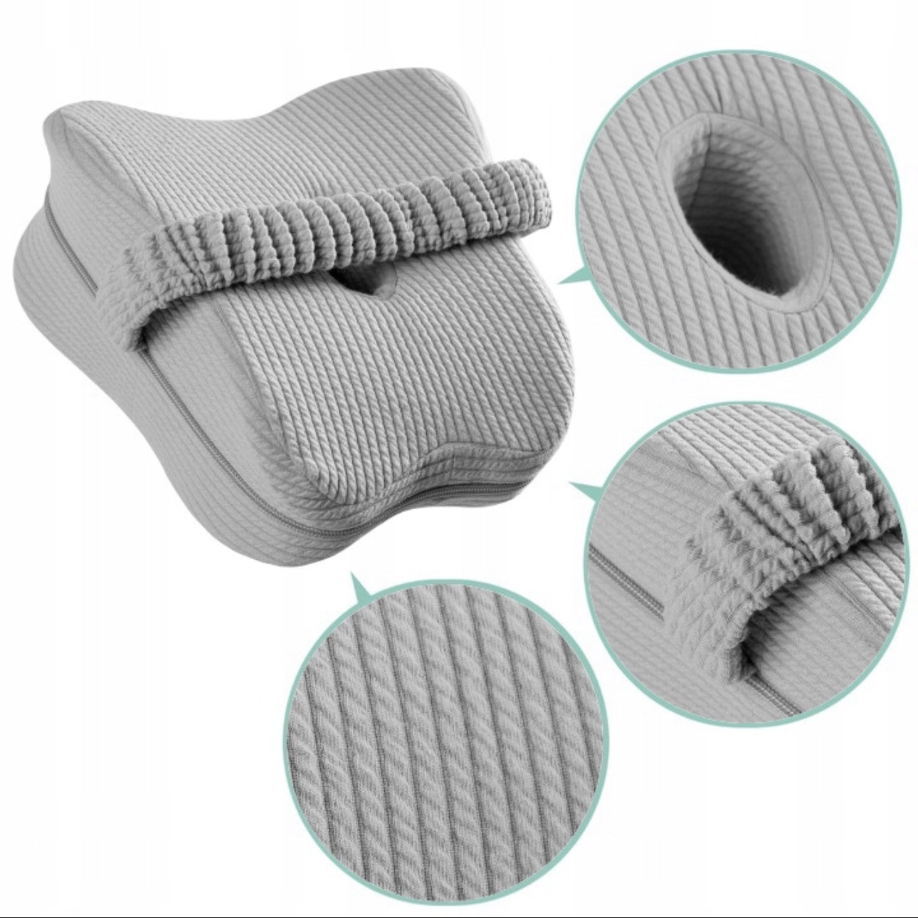 Grå ortopedisk knestøttepute i memory foam, størrelse 24x24x12 cm, med justerbar stropp og pustende trekk i slitesterkt polyester og elastan.