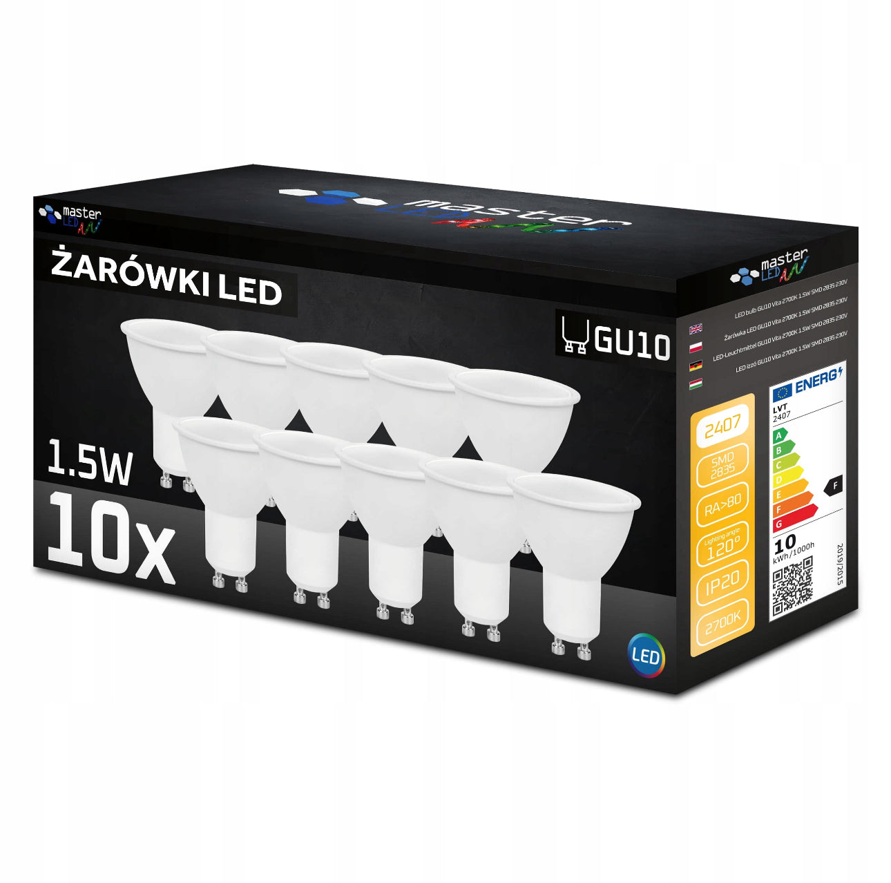 Pakke med ti hvite LED-pærer med GU10-sokkel og varmhvitt lys