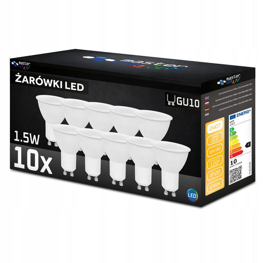 Pakke med ti hvite LED-pærer med GU10-sokkel og varmhvitt lys
