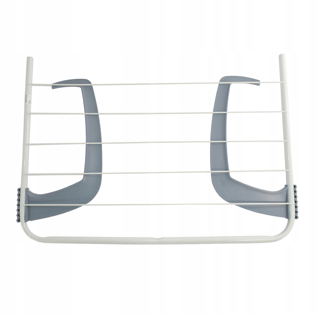 Hengende tørkestativ i hvit pulverlakkert stål med grå plastkroker, størrelse 51 x 36 cm, plassbesparende løsning for tørking av klær, håndklær og undertøy.