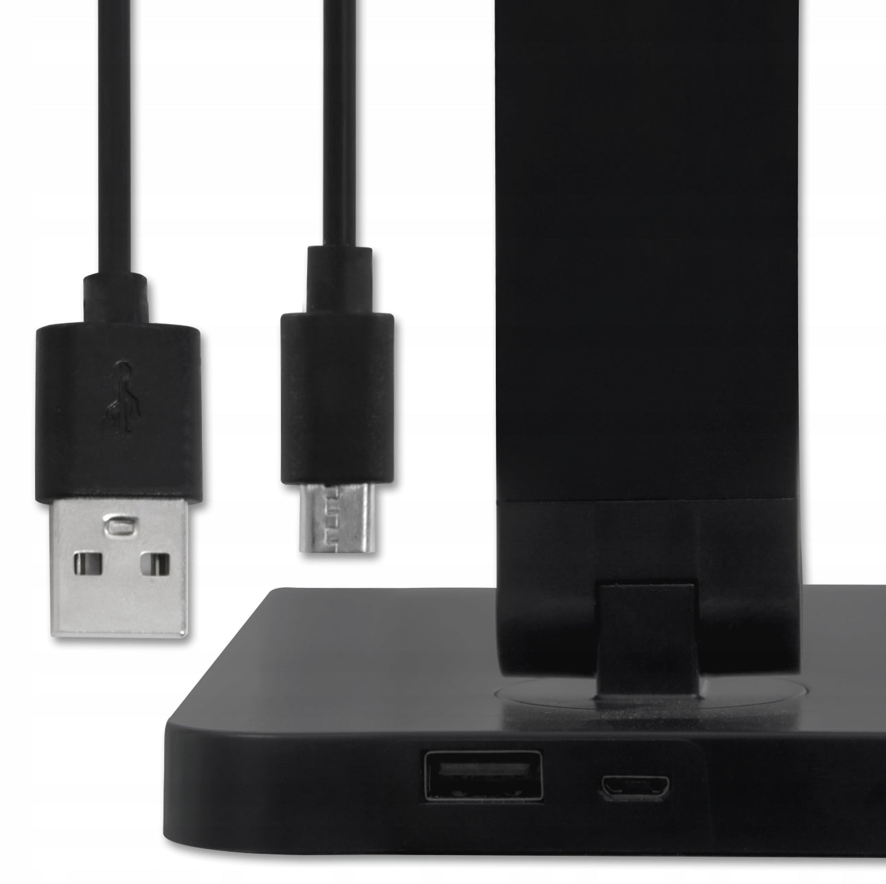 USB- og micro-USB-kabler til svart skrivebordslampe vist i detalj