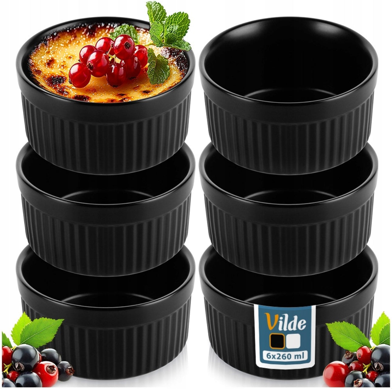 Seks svarte, runde keramikkformer med rillet overflate, stablet i to kolonner