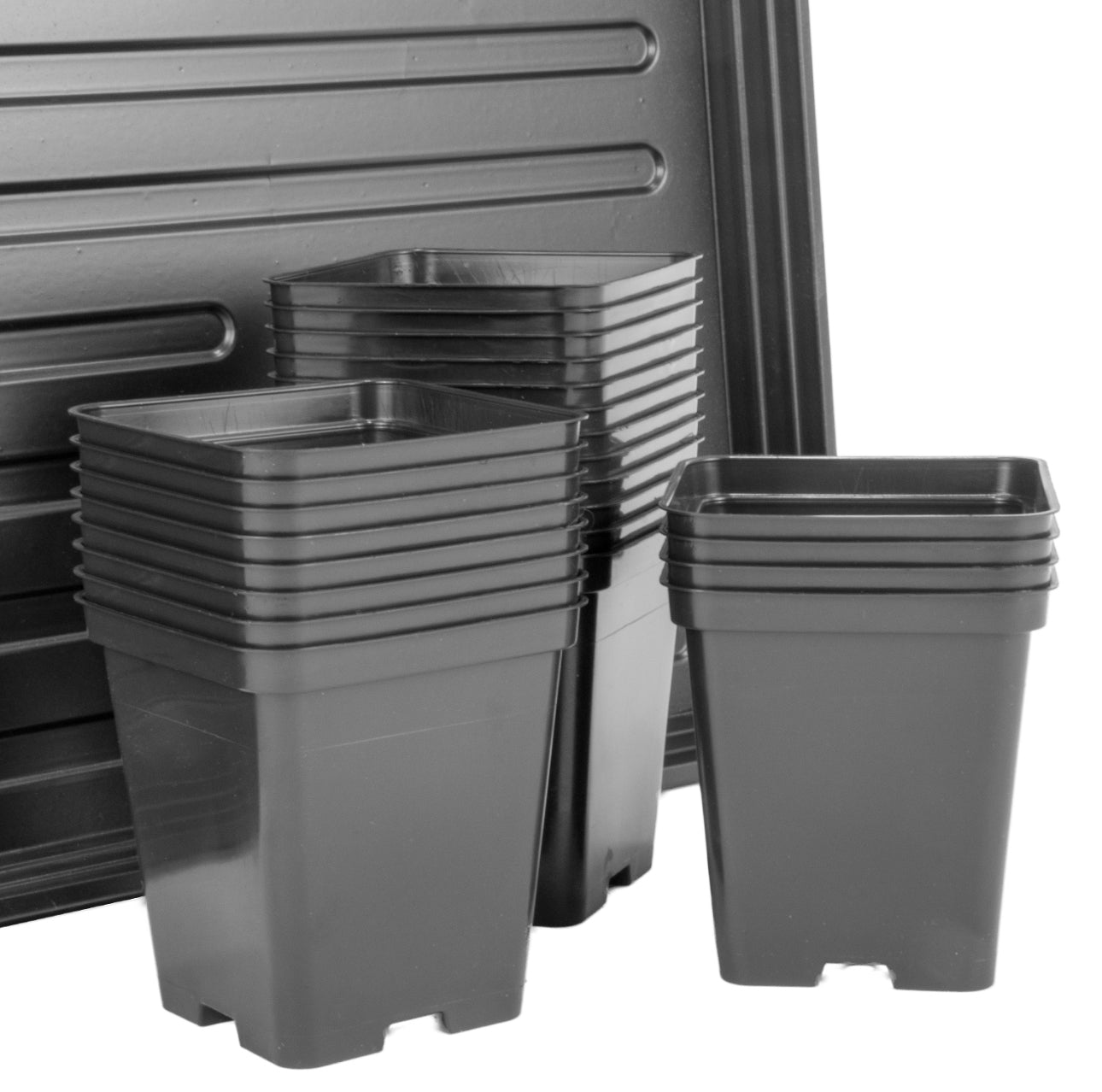 Sett med 24 svarte plastpotter à 0,5L med svart plastbrett 60x40 cm – perfekt for hjemmedyrking, såing og stiklinger. Laget i holdbar plast, ideell for innendørs og utendørs bruk.