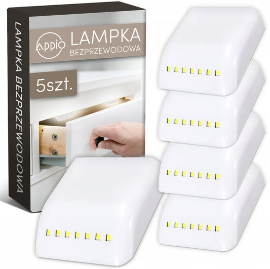 Sett med fem hvite trådløse LED-lamper med kaldhvitt lys for skap, skuffer og garderober