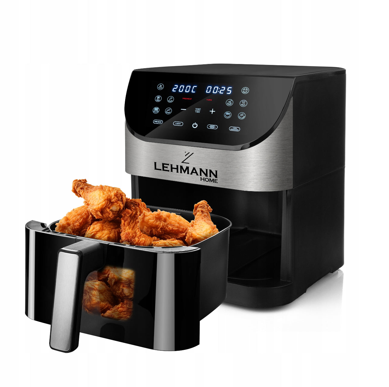 Airfryer med ferdigstekte kyllinglår i skuffen, digital skjerm og damp som stiger opp