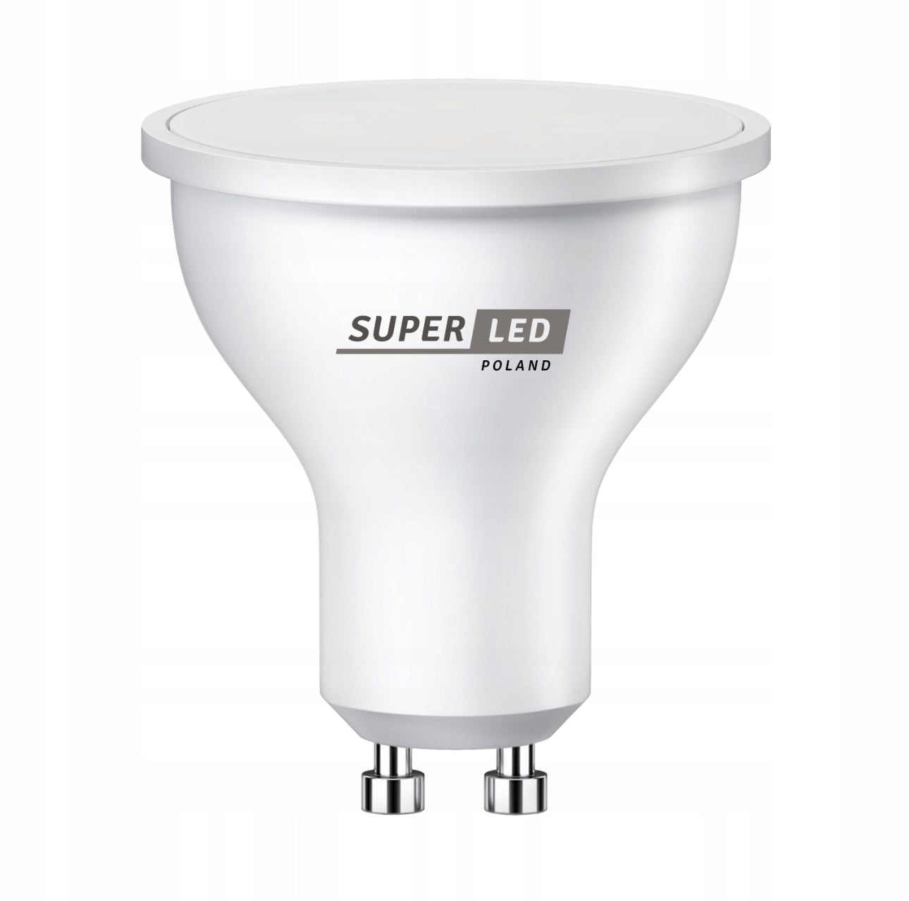 Én hvit GU10 LED-pære i nærbilde med matt overflate og metallkontakt
