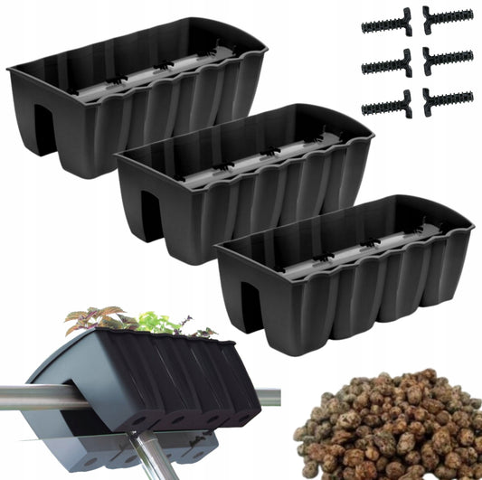 Balkongkasse med feste 58x28x20 cm i antrasitt plast, inkludert 5L drenerings kuler – slitesterk og værbestandig blomsterkasse for rekkverk.