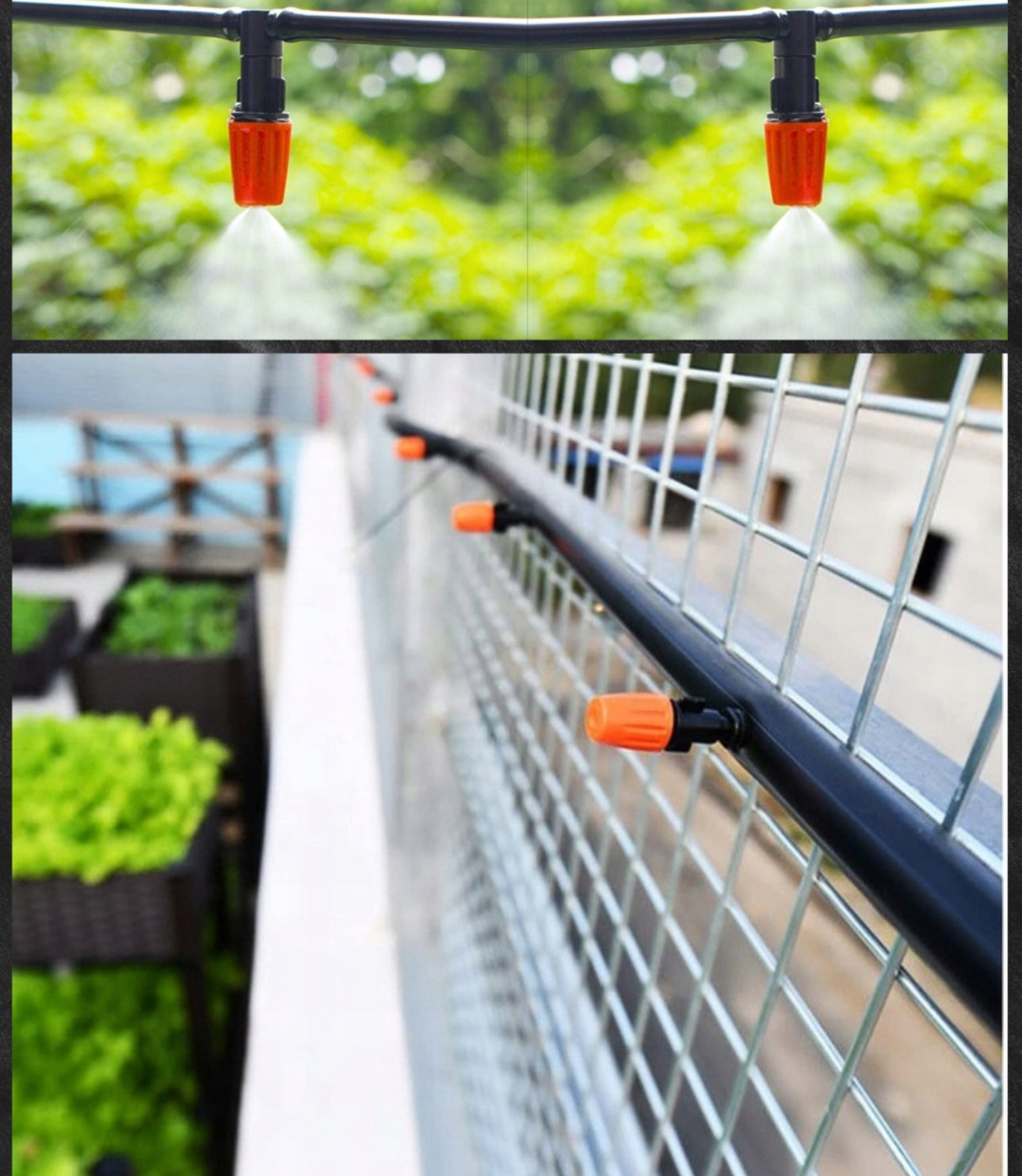 Automatisk vanningssystem 15 meter – svart og oransje slange med 15 justerbare dyser i slitesterk plast. Perfekt for hage, terrasse og drivhus.