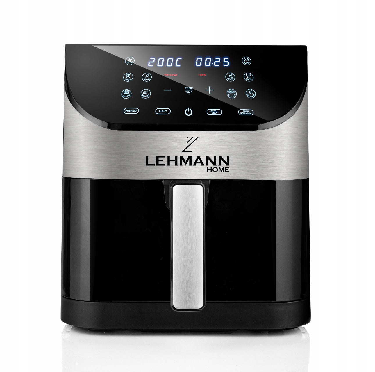 Frontvisning av digital airfryer med touchskjerm og sølvfarget panel, stilren og kompakt design