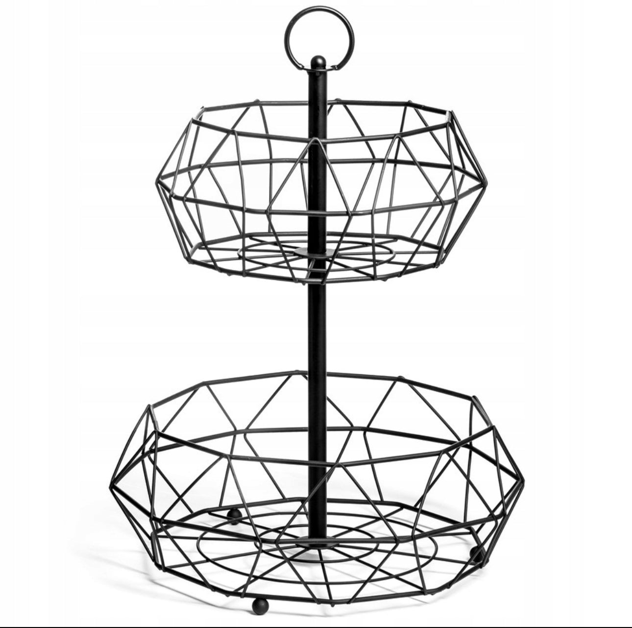Tom tofatet fruktkurv i svart metall med geometrisk design mot hvit bakgrunn