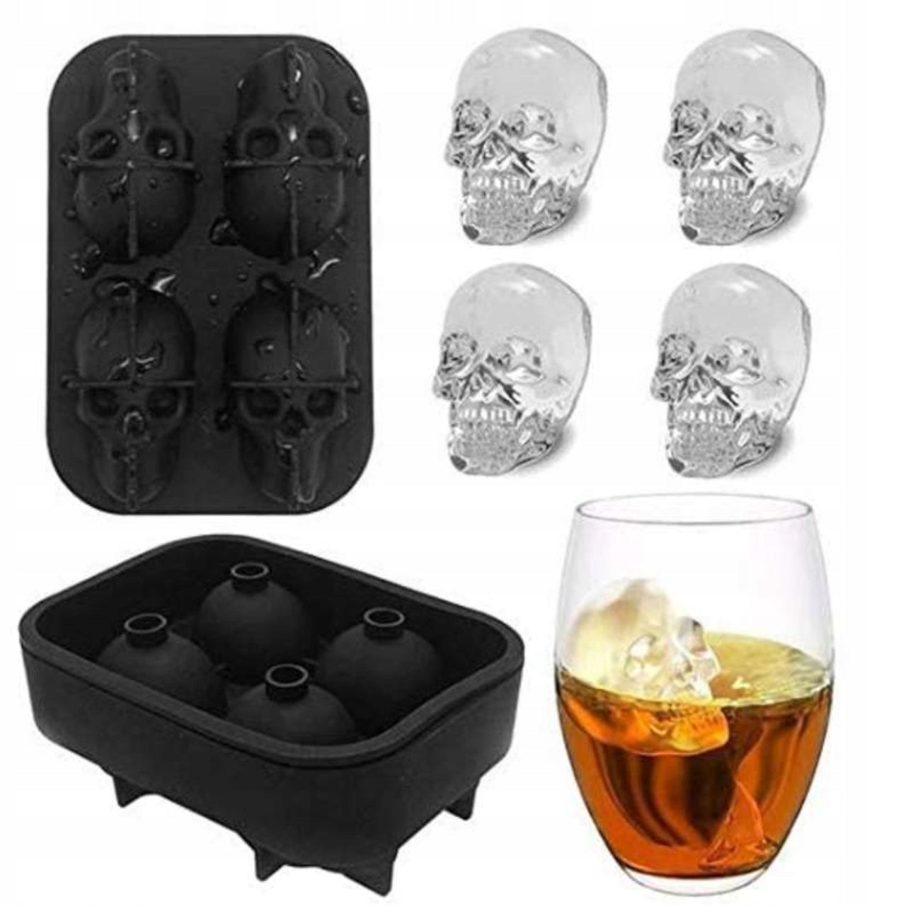 Silikonform i svart med fire hodeskalleformede isbiter ved siden av et glass med drink og isformede hodeskaller.