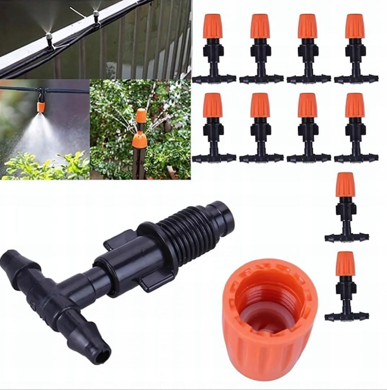 Automatisk vanningssystem 15 meter – svart og oransje slange med 15 justerbare dyser i slitesterk plast. Perfekt for hage, terrasse og drivhus.