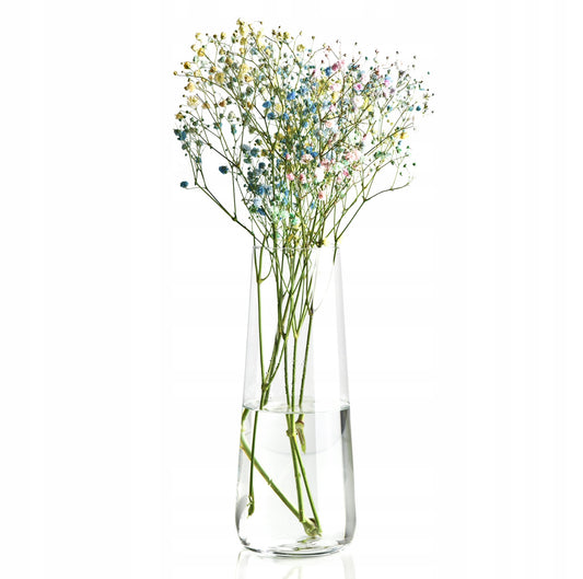 Høy klar glassvase med fargerike blomsterstilker i vann