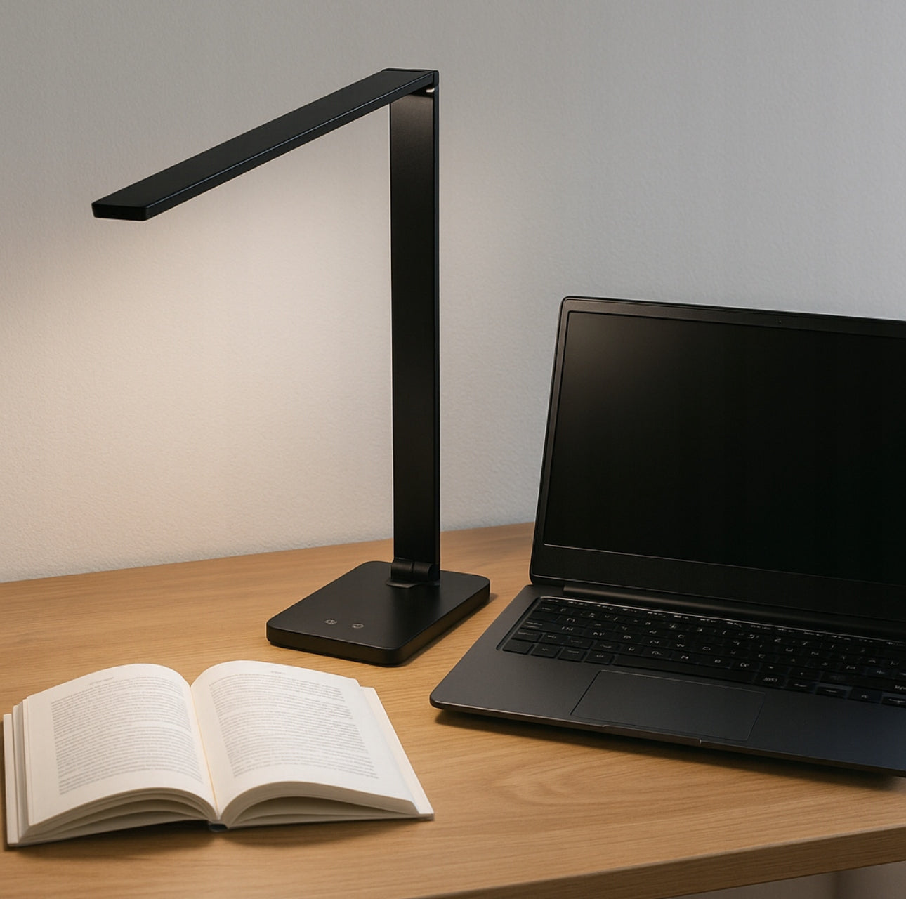 Elegant LED skrivebordslampe gir jevnt lys ved arbeidsplass med laptop